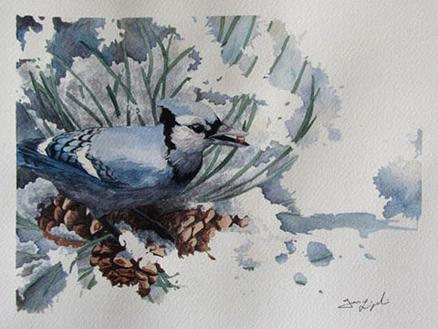 Winter Find - Blue Jay Watercolor Painting - 8x10"